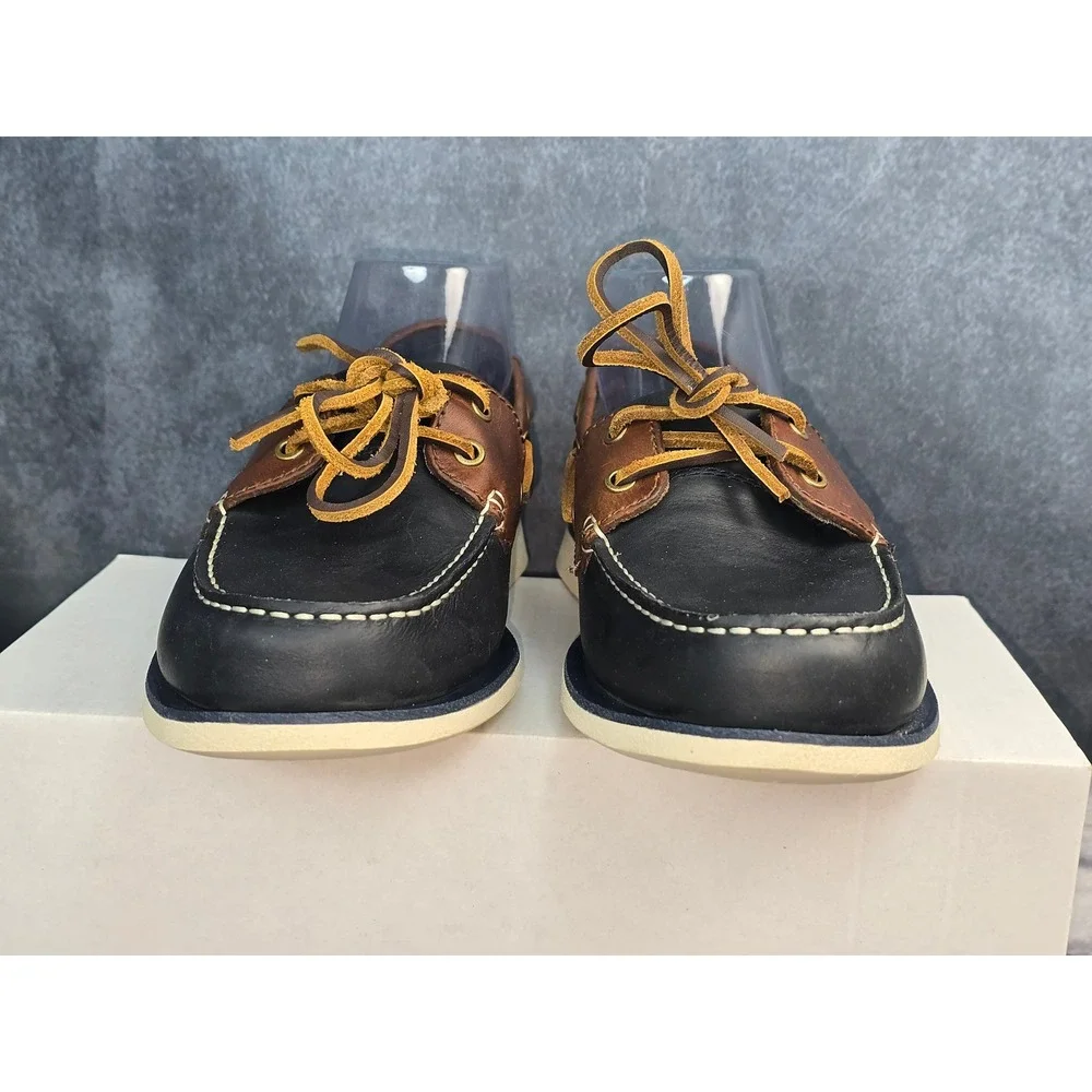 NWT Clarks Port View Boat Shoes Navy Brown Leather Nautical Mens 7.5 M